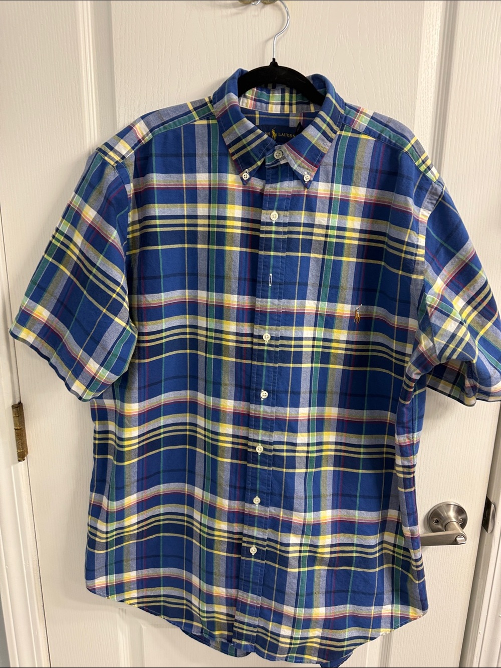 Classic Ralph Lauren Blue Plaid Short-Sleeve Button-Down Shirt Size Large Tall